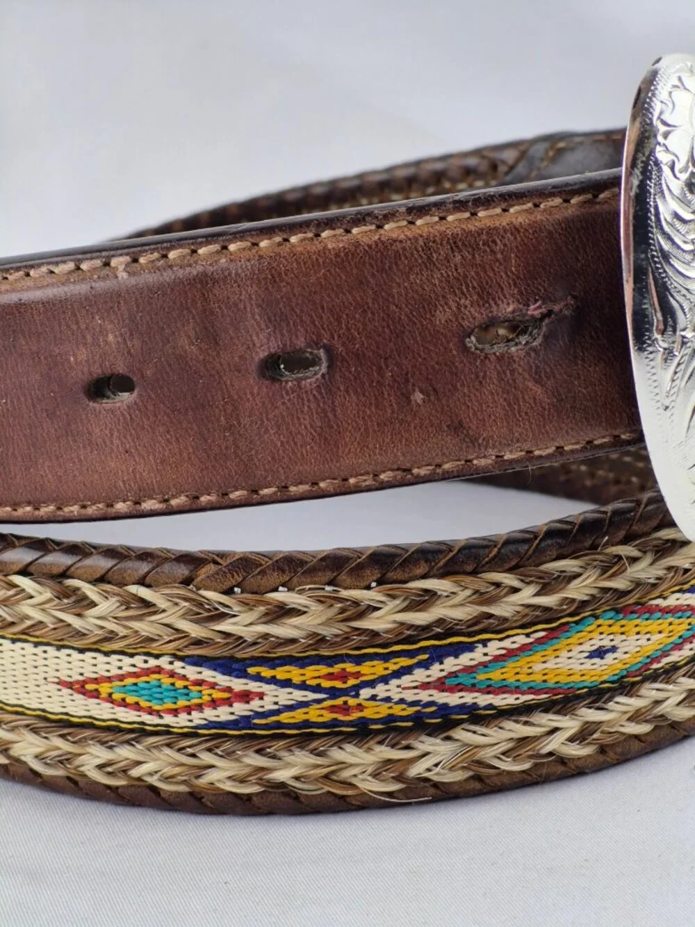 Tony Lama Aged Bark Leather Badlands Belt Horse Hair Nylon Inlay Western 38